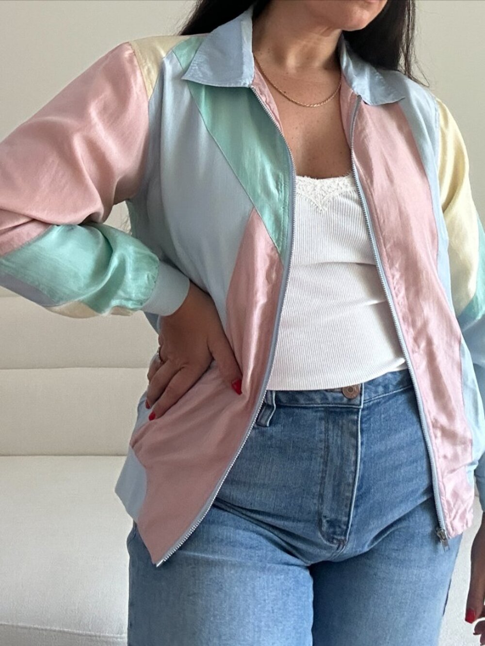 Vintage 80s Blair 100% Silk Pastel Color Block Bomber Jacket Oversized Small - Picture 9 of 14